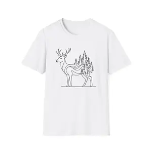 Outline Deer with Pine Forest T-Shirt | Minimal Nature Line Art