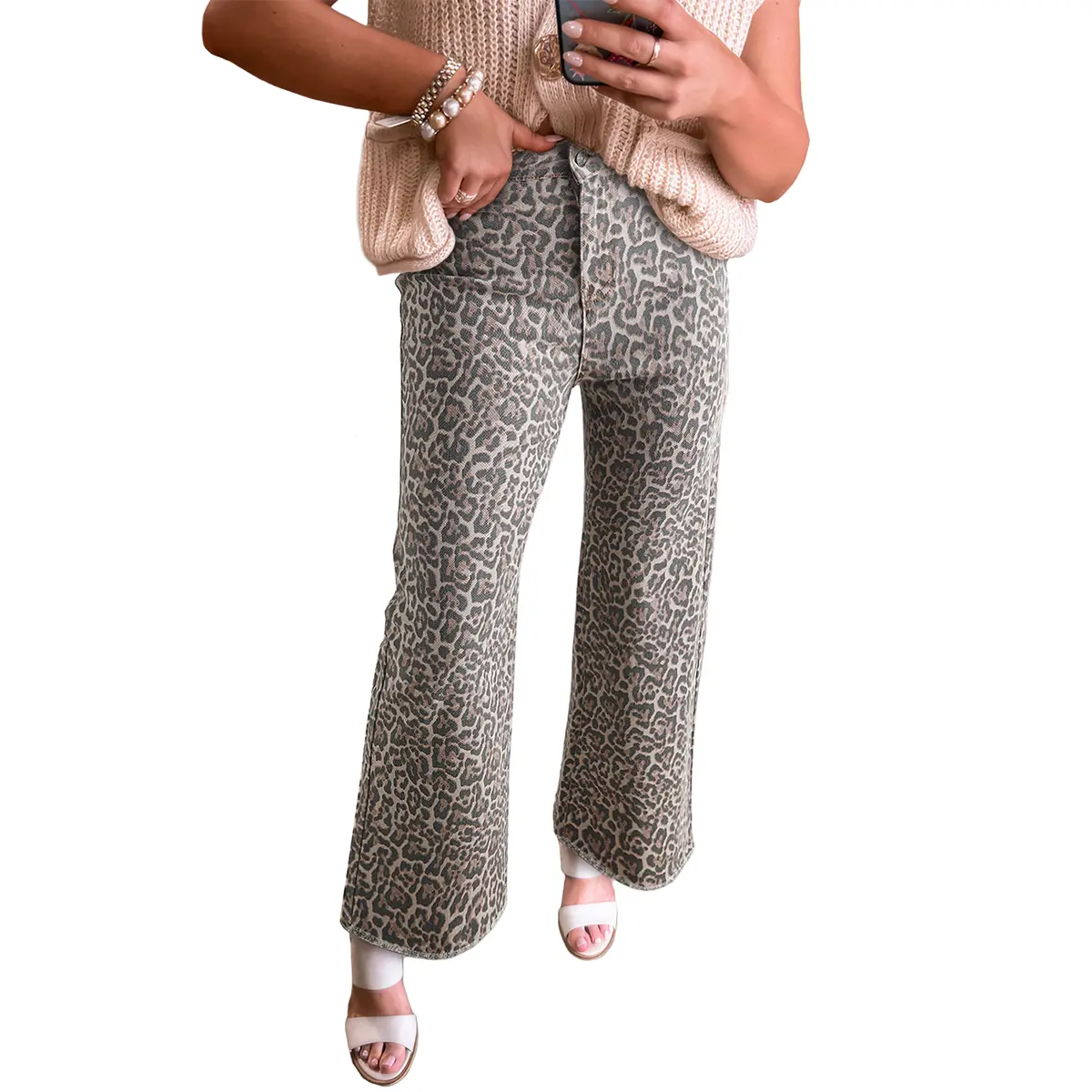 Asvivid Women's High Waisted Denim Wide Leg Pants - Leopard Print, Frayed Edge, Streetwear Style Bottoms for All Seasons