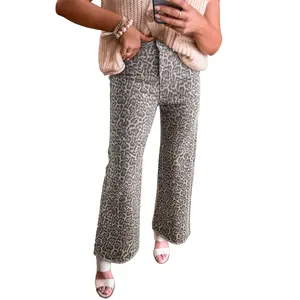 Asvivid Women's Leopard Print Frayed Edge Wide Leg High Waist Jeans All Seasons Casual Trendy Pants Bottom Trouser