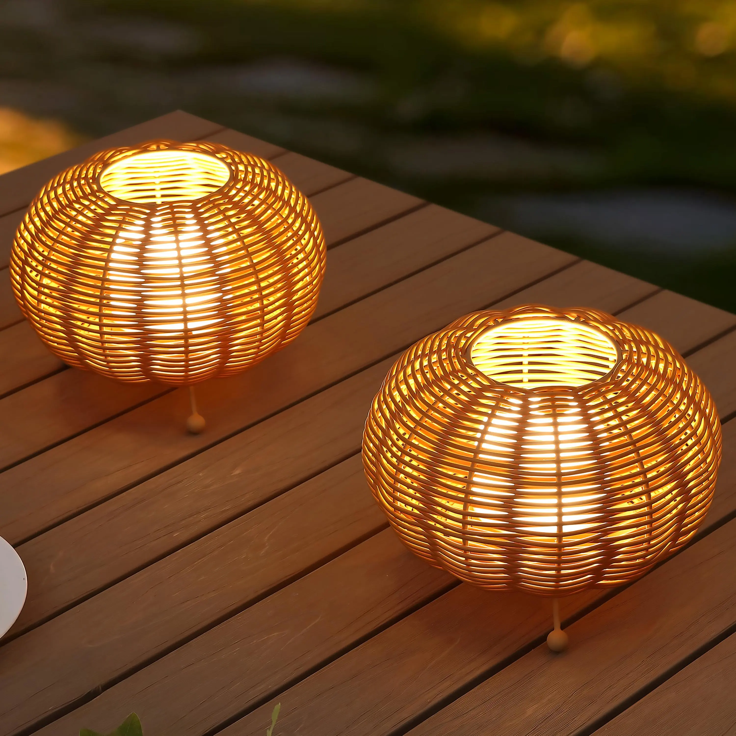 JONATHAN Y Kairi 5.75" Faux Rattan Cordless Lanterns (Set of 2, Light Brown) - Modern Outdoor Lighting, Decorative Rattan Lamps, Bohemian Look, Rechargeable Dimmable Integrated LED, Metal Frame, Indoor/Outdoor Use