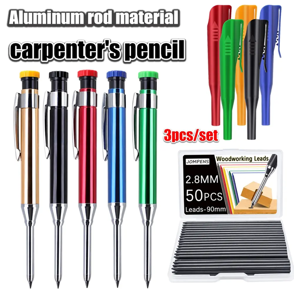 2.8mm Woodworking Pencil (Aluminum Body, Durable), Construction Pencils, 1 Pencil + 1 Cap + 1 Large-Capacity Lead Box, for Deep Hole Marking, Office Stationery & Engineering Drawings, Ideal for Carpenters, Construction Workers & Architects