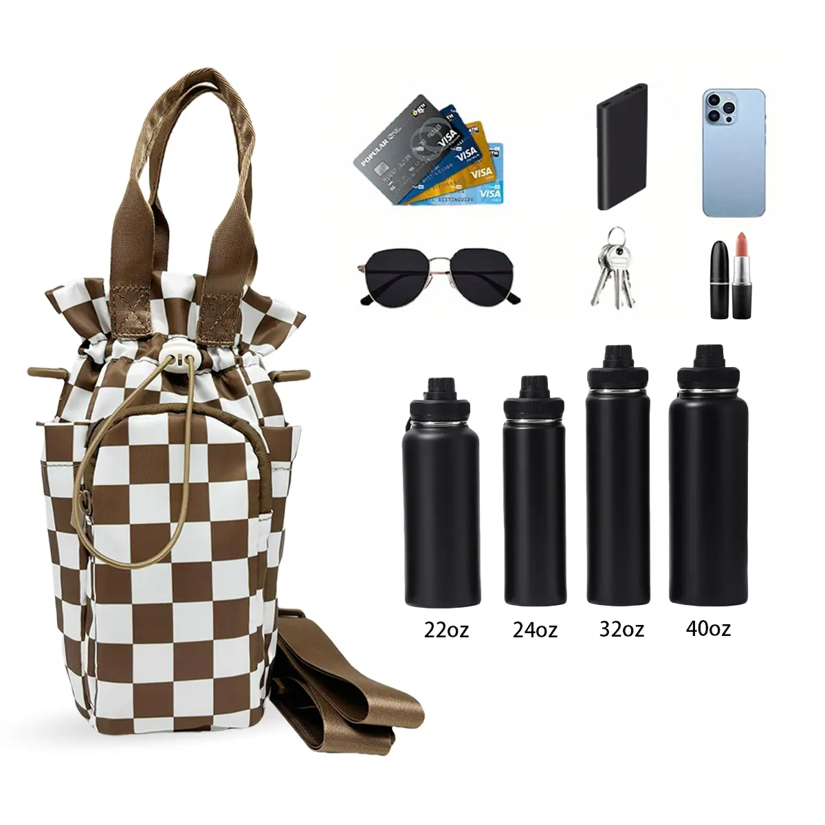 Large Water Bottle Bag for 32/40/42//64oz Water Bottle,Casual Drawstring Crossbody Water Cup Bag Water Bottle Bag Nylon Crossbody Pouch Large Capacity Phone Bag Multifunction Sling Pack for Hiking Outdoor Daily
