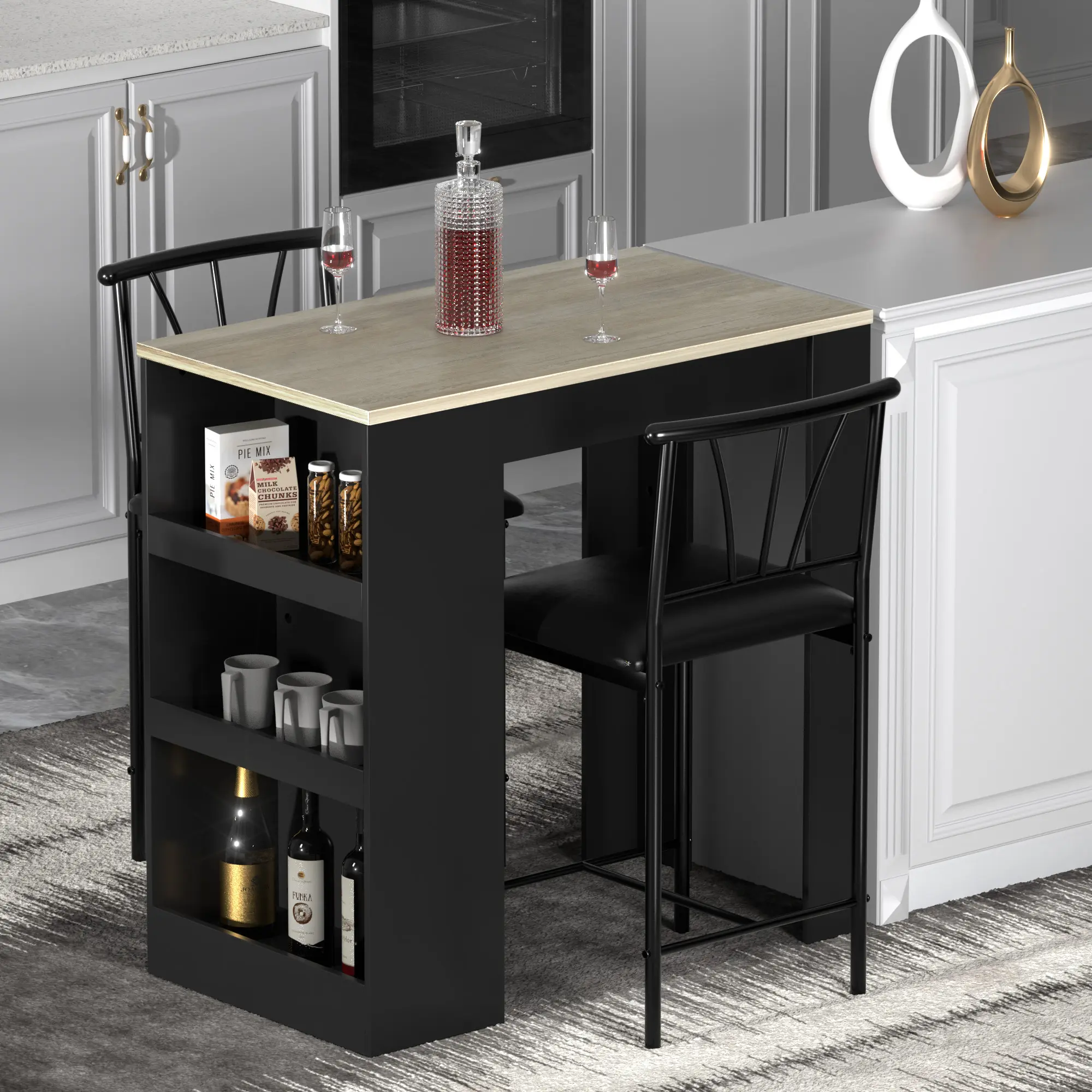 VECELO 3-Piece Classic Wood Dining Room Set, 2-Person Space-Saving Indoor Home Bar Table with Stools, Storage Rack, Vintage Kitchen Breakfast Nook Furniture (Man Cave Ideas Compatible)