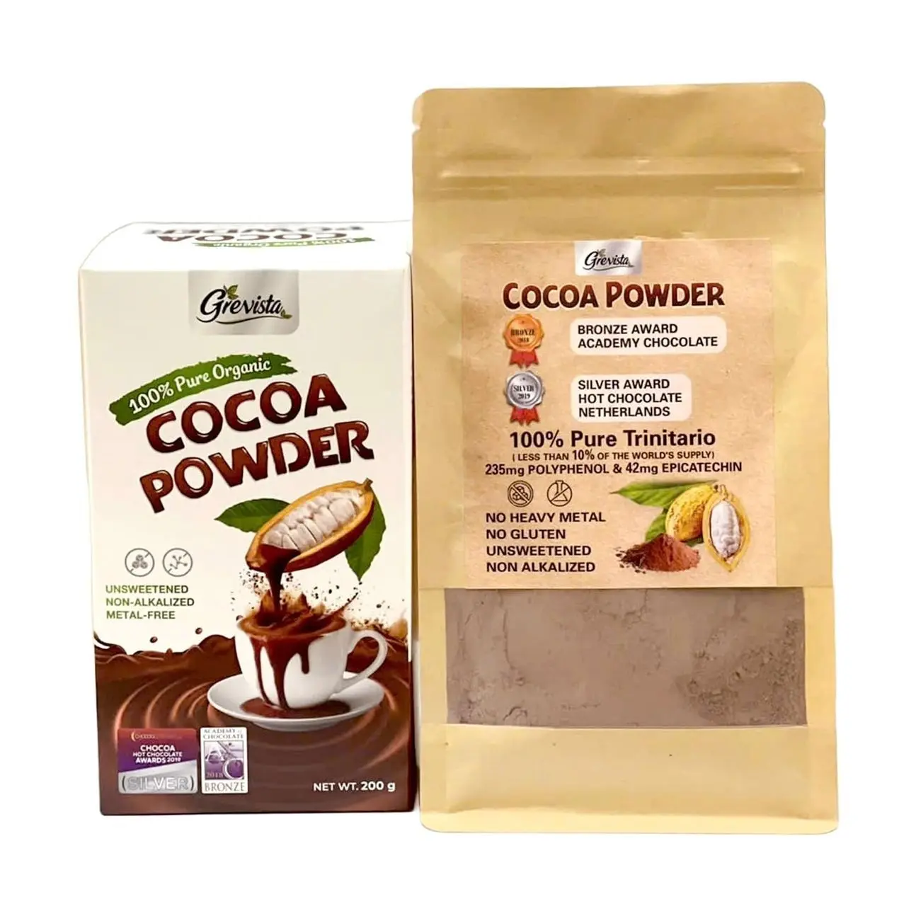 Grevista 100% Pure Cocoa Powder – Unmistakably Premium Quality | Bronze & Silver Medal-Winning | High flavanol | Organic, Unsweetened, Non Alkalized, No Heavy Metal, cacao powder for coffee