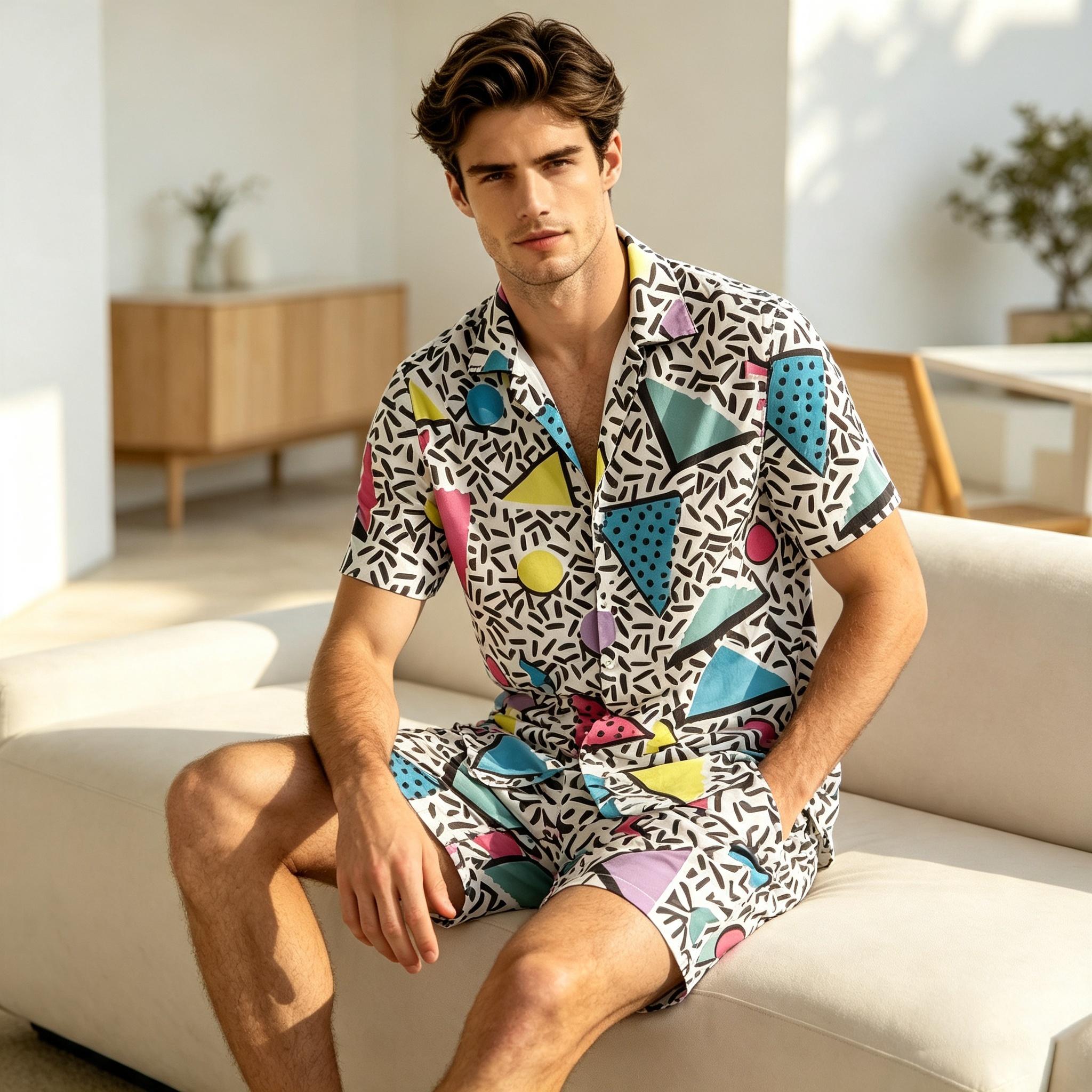 Men's Comfy Geometric Print 2-Piece Menswear Set - Short Sleeve Shirt & Pocketed Shorts, Retro Memphis Style, Polyester Fabric, Casual Vacation Beach Outfit, Sizes M-3XL