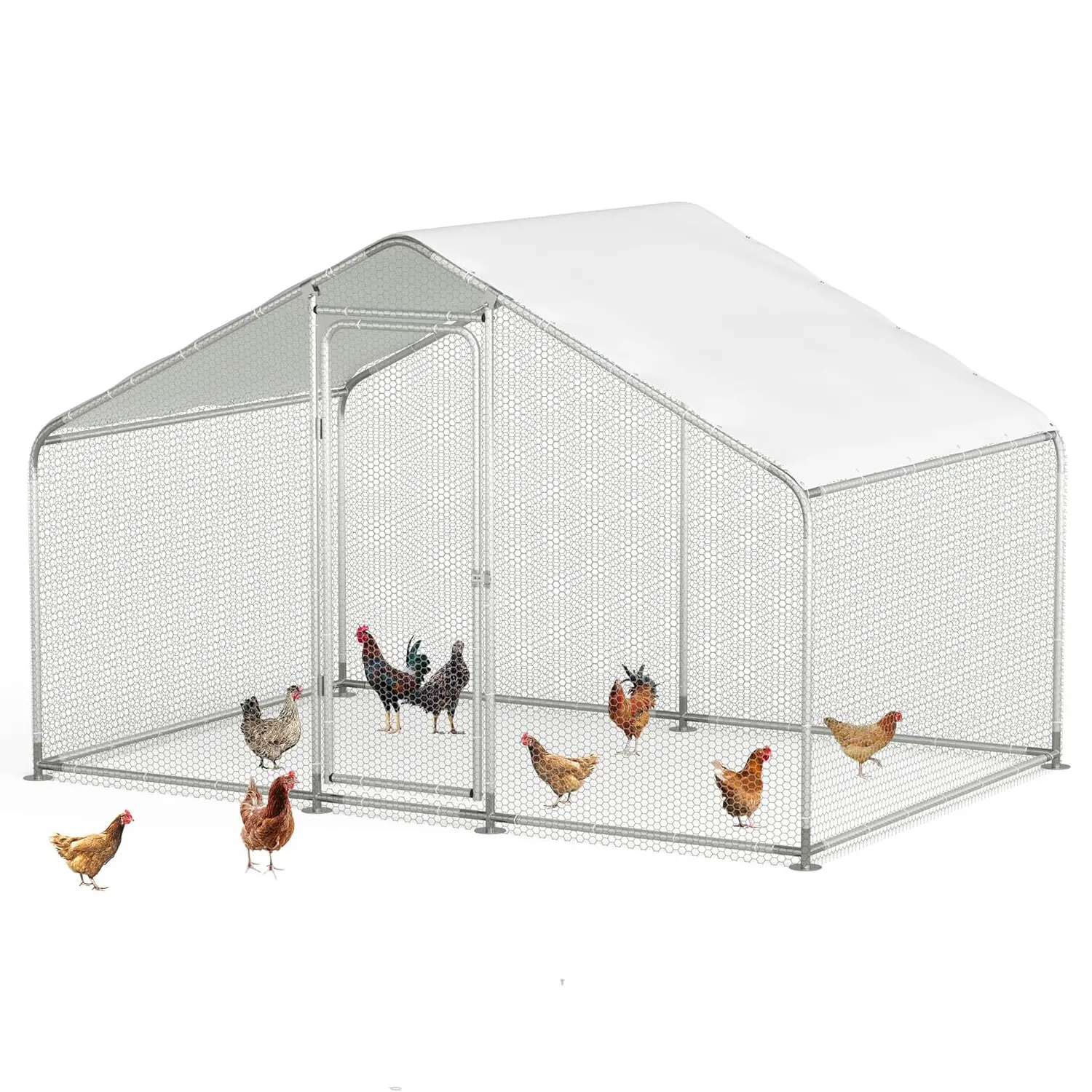 Large Metal Chicken Run, Chicken Coop with Lockable Door Spire Shape Walk-in Chicken Hen House with Waterproof & Anti-UV Cover Outdoor Poultry Cage