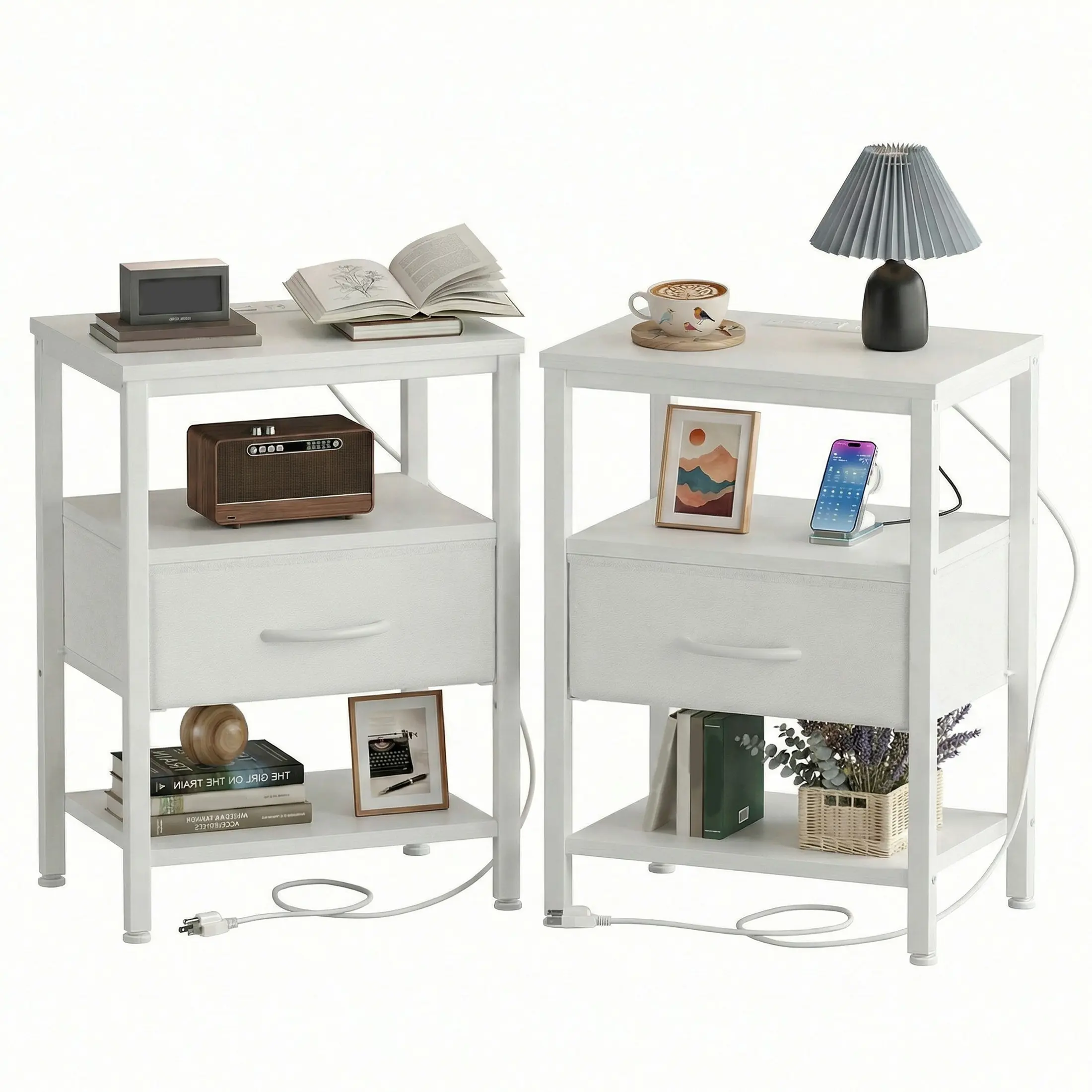 Sweetcrispy 3-Tier Modern Bedside Table Cabinet - Height Adjustable Nightstand, Assembled Indoor Furniture with Charging Station, 2-Position Drawer Adapts Fabric Drawer, Carbon Steel Flexible Floor-Safe ft, Easy Setup, Power At Hand