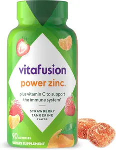Vitafusion Power Zinc Gummy Vitamins Strawberry Tangerine Flavored Immune Support 90 Count High Potency Zinc & Vitamin C Supplement Natural Flavor Chewable Dietary Syrup
