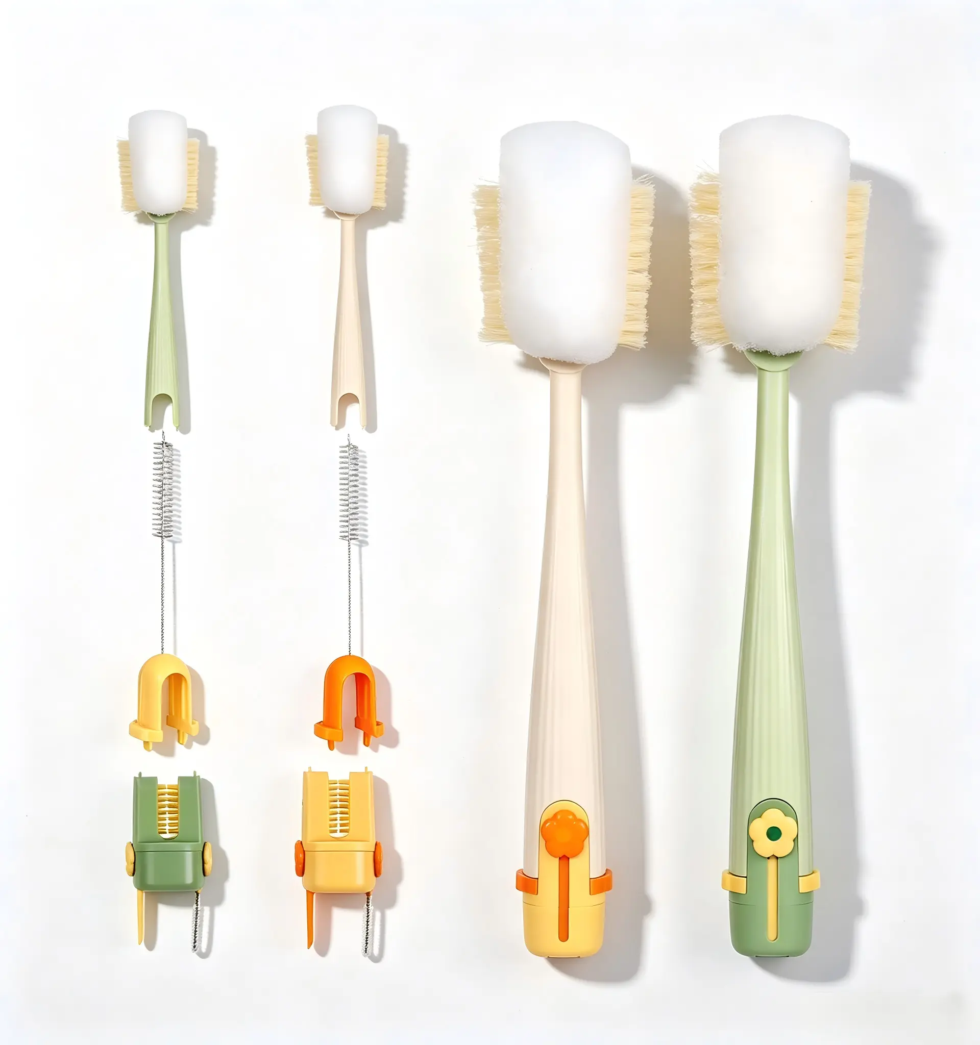 5-in-1 Multi-Use Bottle Cleaning Brush Kit - Detachable Straw Cleaner, Sponge Scrubber, Detail Brush, Long Handle, Retractable Tool, Fits Various Sizes for Baby Bottles, Cups, Reusable Kitchen Drinkware Accessories