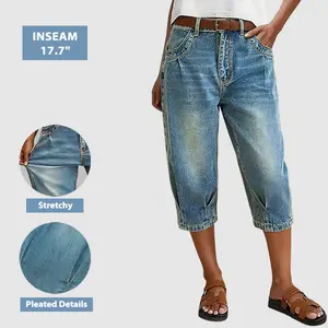 Flamingals Wash Pleated Mid Rise Straight Leg Capri Jeans Without Belt Stretchy 17.1 Inseam