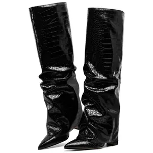 Women's Crocodile Embossed Pointed Toe Ruched Knee-High Boots Trendy Faux Leather Fashion Boots Fall Winter Stylish Footwear Daily Wear Street Style Party Chic Boots