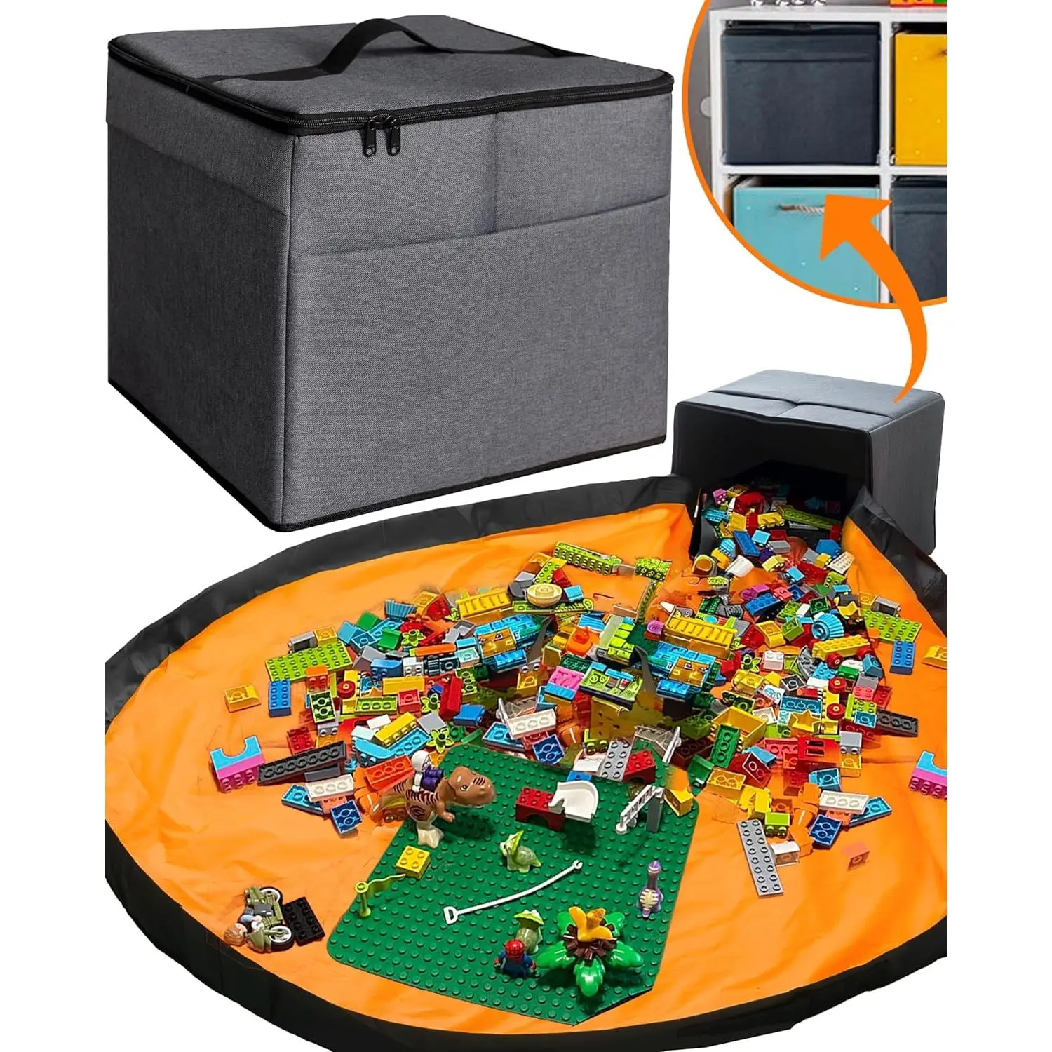 XL  Storage Organizer with Play Mat - Storage Bag/Box for , Boys, Girls, , Playroom - Basket for Building Bricks/Blocks - Collapsible Fabric Cube Bin, 13"x13"x15"