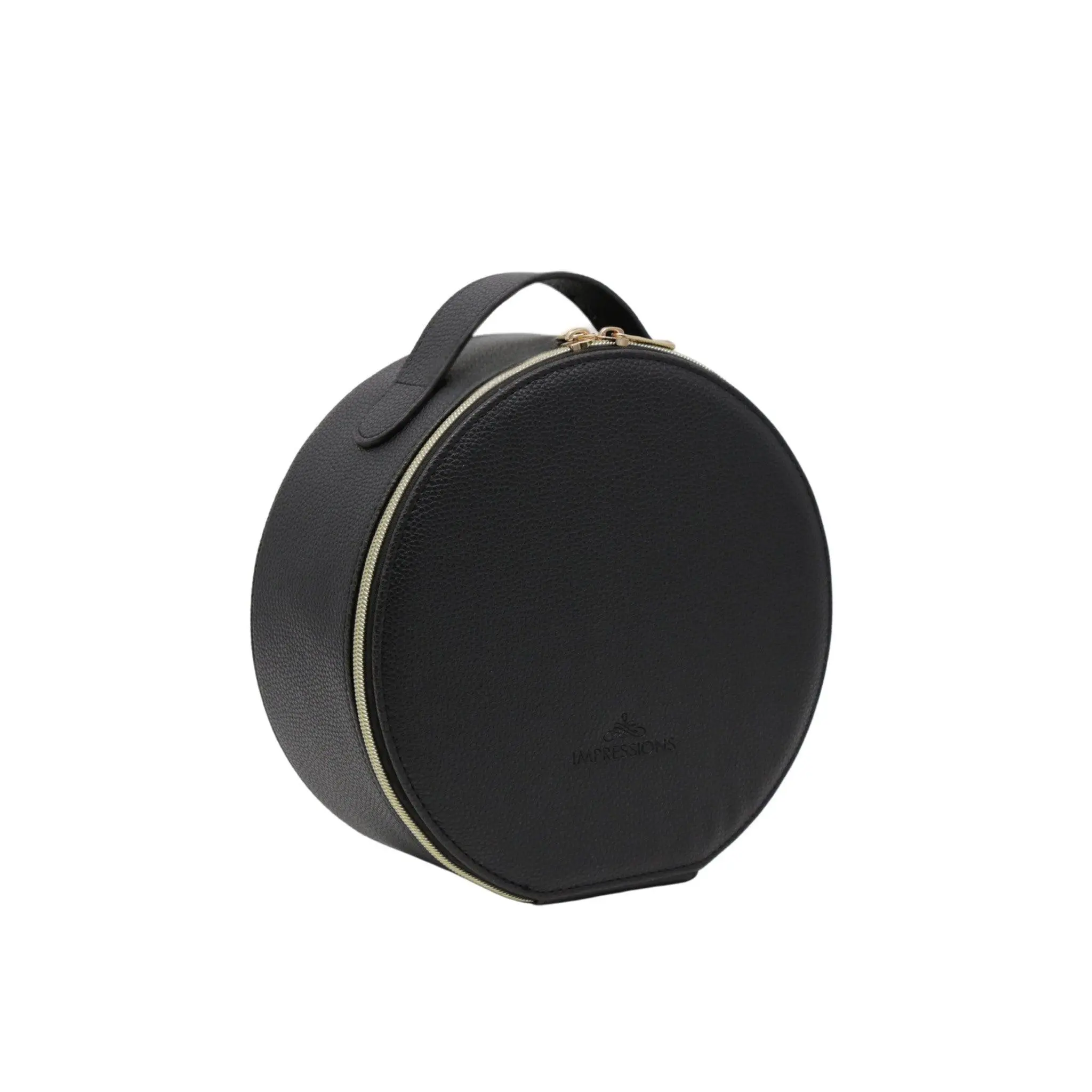 Round Faux Leather Makeup Case with LED Mirror - Compact Travel Make-Up Bag, Handle, Removable Brush Pocket, Built-In Organizer, Adjustable Organizer, USB-C Charge, Modern Round Silhouette for Touch-Ups