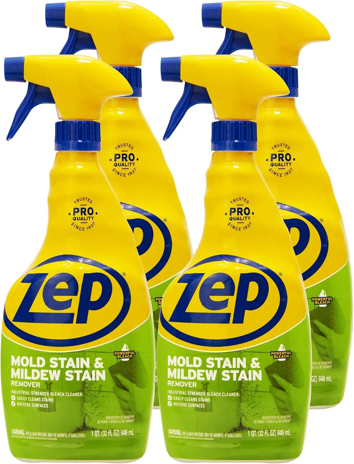 ZEP Mold and Mildew Stain Remover, bleach cleaner, mold stains, mildew stains, bathroom grout, shower tile, tub surround, porcelain sink, fiberglass shower, acrylic tub, toilet bowl, patio chairs, dirt, grime, bacteria, viruses, spray Pack 4