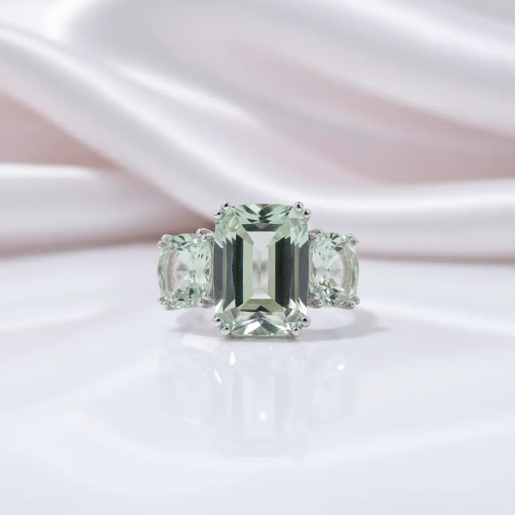 Three-stone Cushion Cut Green Amethyst Engagement Ring