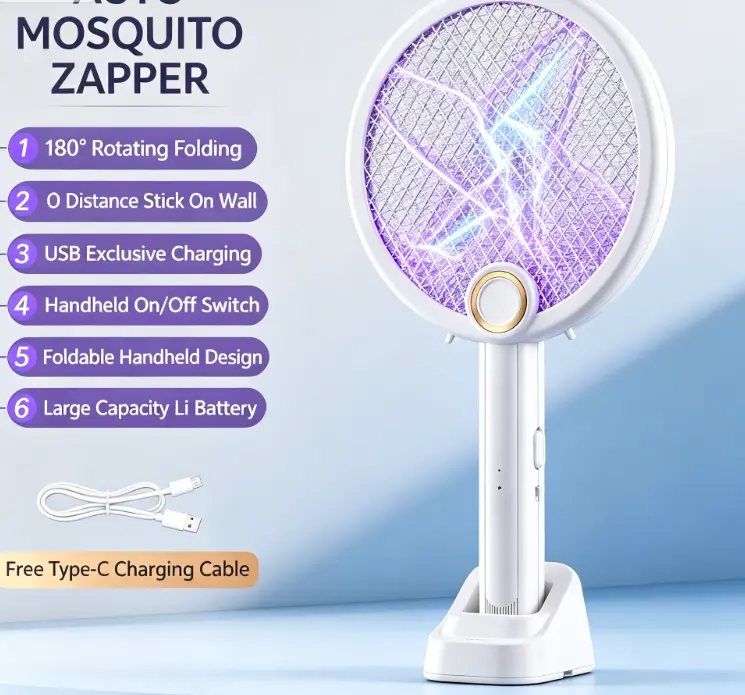 Handheld Racket Type Electric Bug Zapper - 3000V USB Rechargeable Portable Mosquito Killer with 3-Layer Safety Mesh, Outside Bug Zapper Zap Device for Indoor, Outdoor Camping Home Supplies Pest Control Gadget