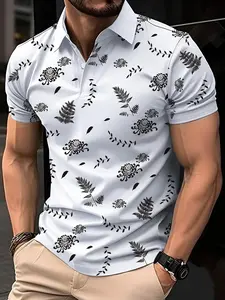 Men's Floral Plants Print Short Sleeve Polo Shirt, Regular Fit Casual Button Front Polo Neck Top, Men's Streetwear for Summer Daily Wear, Classic Polo Shirts Men