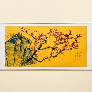 Hand-Painted Chinese Red Plum Blossom Scroll Painting – Original Artist Artwork, Non-Print, Symbol of Spring & Good Fortune
