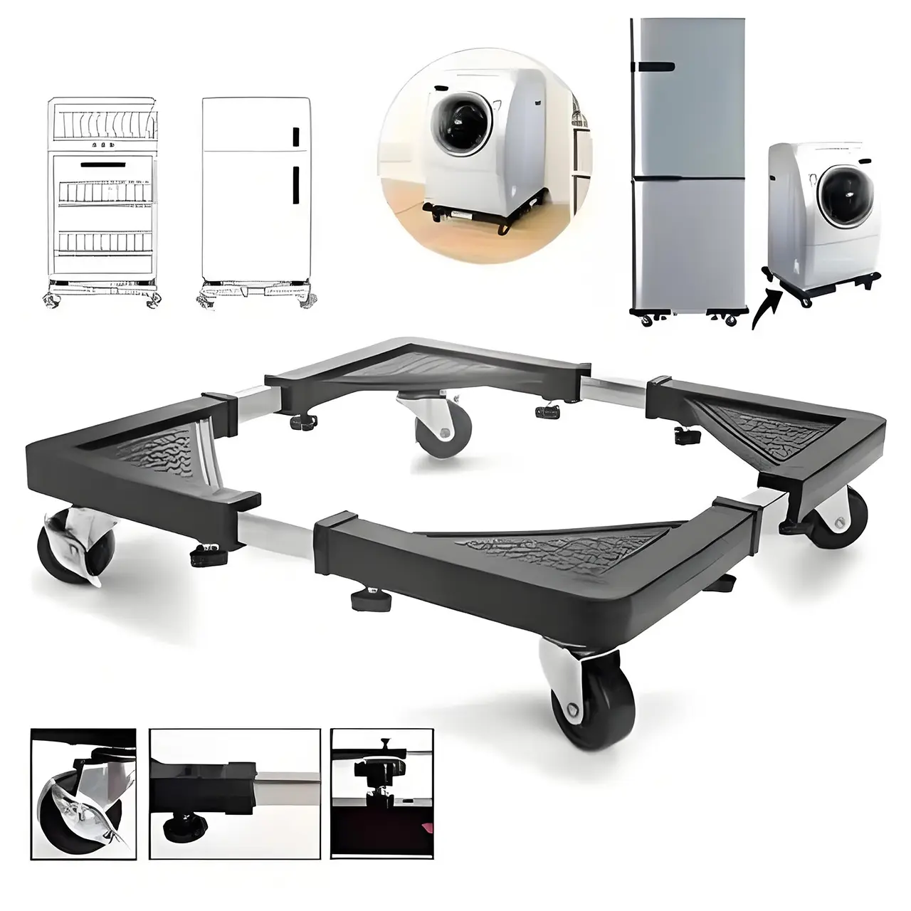 Stainless Steel Heavy Duty Appliance Cart with 4 Locking Wheels, Adjustable Rolling Base for Home Refrigerator Washing Machine Dryer, Space-Saving Kitchen Storage Rack