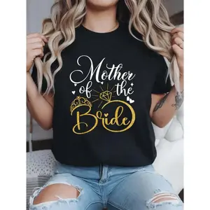 Mother Of The Bride Wedding Bridal Shower Mom Mommy T-Shirt  Women Graphic Print T Shirt, Casual Crew Neck Short Sleeve Top, Cotton Knit Fabric, Regular Fit, All-Season Wear lsj08