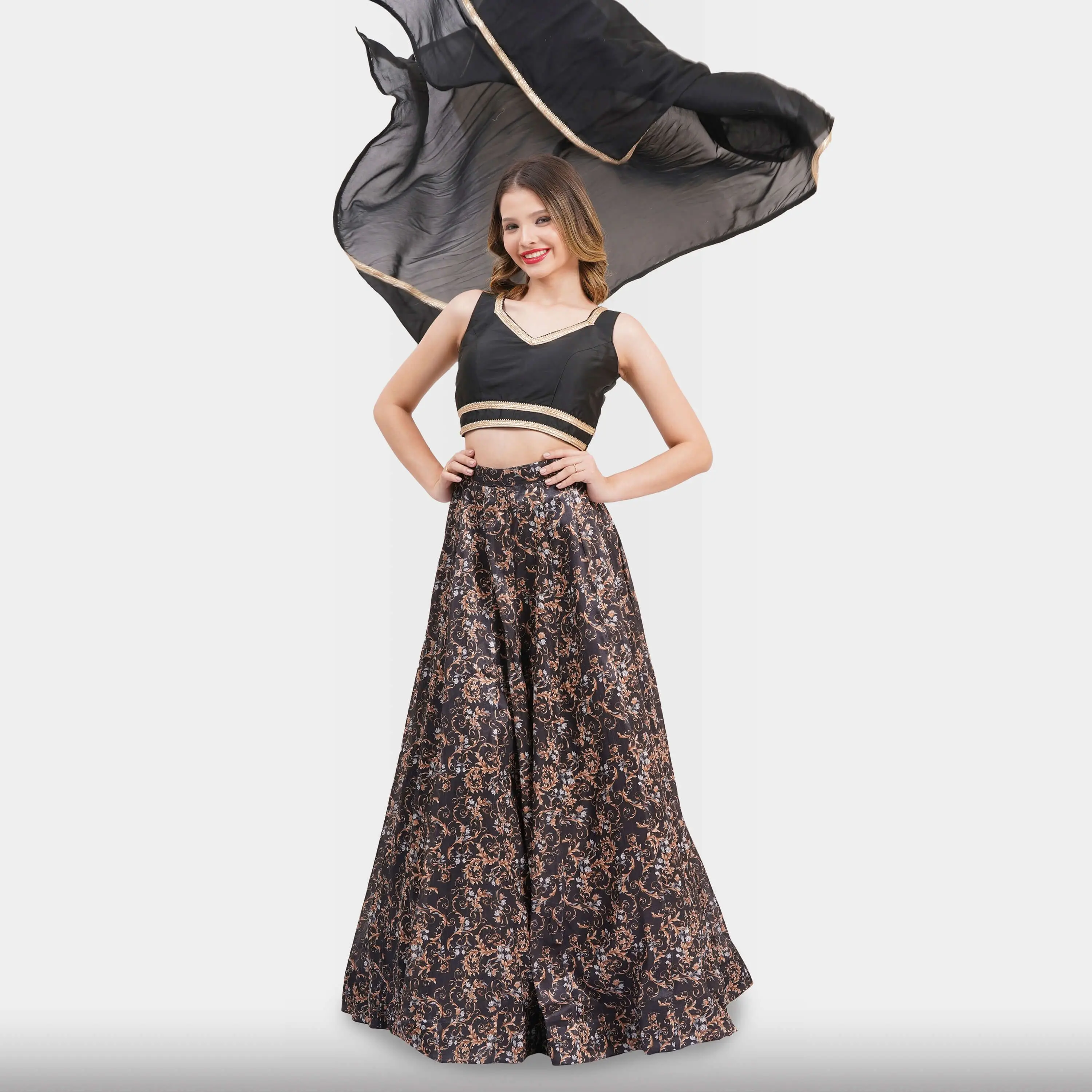Black Floral Lehenga Choli Set For Evening Wear