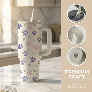 1 Pc 40 Oz Stainless Steel Water Cup, Tumbler Cup with Handle and Foldable Straw, Purple Heart Paw Print Design, Double Wall Insulated Thermal Mug, Hot 12H/ Cold 24H, Fun Drinkware, Mother's Day, Anniversary or Birthday Gift for Friends and Family
