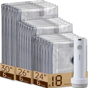 Cordless Travel Vacuum Storage Bag Set – 18-Pack Compression Bags for Carry-On Suitcases – 140L/Min Powerful Air Removal – USB Rechargeable Handheld Pump with Built-In Battery – Space Saver for Clothes & Packing， waterproof, reusable Organiser