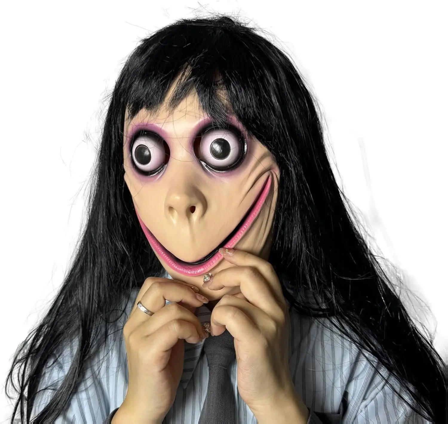 Mask with Long Black Wig Ultra Realistic Latex Halloween Mask for Adults Creepy Horror Cosplay Face Mask for Halloween Parties Haunted Houses Themed Events & Costume Nights