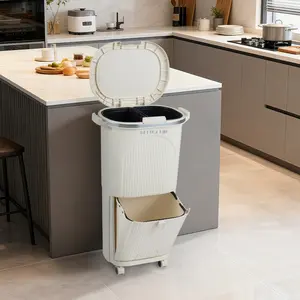 COSTWAY - 10 Gallon Kitchen Trash Can Double-Layer with Lid and 2 Removable Buckets-Beige
