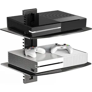 Glass Floating Shelves, TV Wall Mount with Shelf for DVD Player / PS4 / Cable Boxes/Game Consoles/Sky Box/TV Accessories, Media Shelf, Flat Black Wall Mount Bracket, AV Shelf, 2 Tiers Shelves