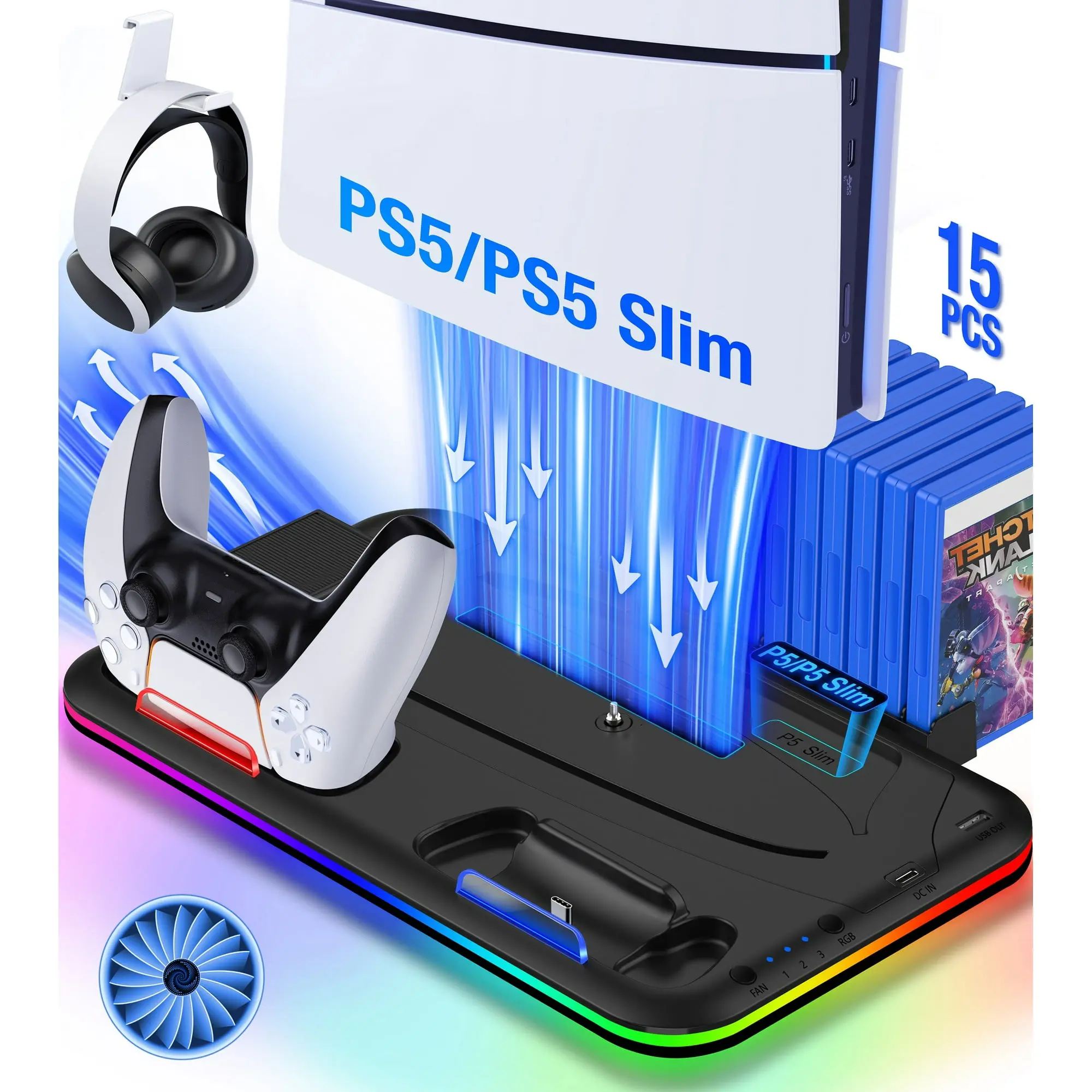 ESYWEN PS5 Stand with Cooling Fan for 2023 New PS5 Silm, Dual Controller Charger Station For 2020 PlayStation 5 Dualsense Controller/PS5 Digital/Disc Edition Console