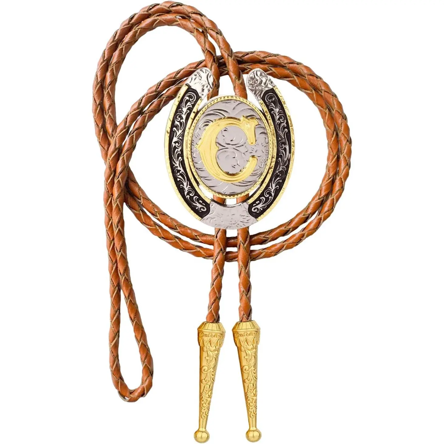 Gold Initial Letter Bolo Tie, Western Cowboy Style Hand-Braided Brown Leather Adjustable Necktie for Men and Women, Adjustable Neckties, Collectibles