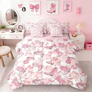 Western Cowgirl Boots 7 Pieces Bedding Set,Cartoon Princess Style Pink Bowknots Starry Bed in a Bag for Kids,Pink White Plaids Patchwork Comforter Set with Sheets,Pillow Covers
