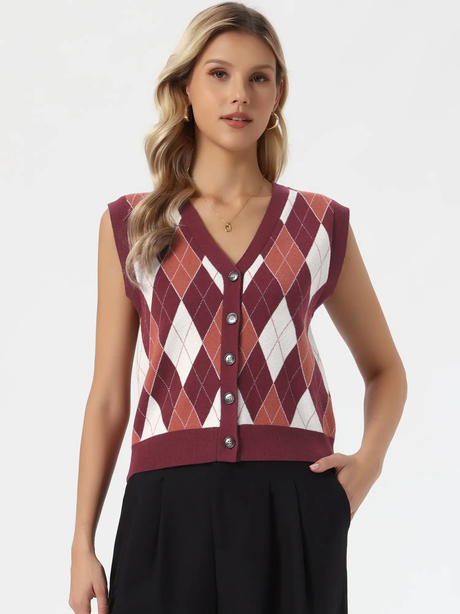 INSPIRE CHIC Sweater Vest Top for Women's Sleeveless V Neck Argyle Button Down Casual Cardigan Sweater