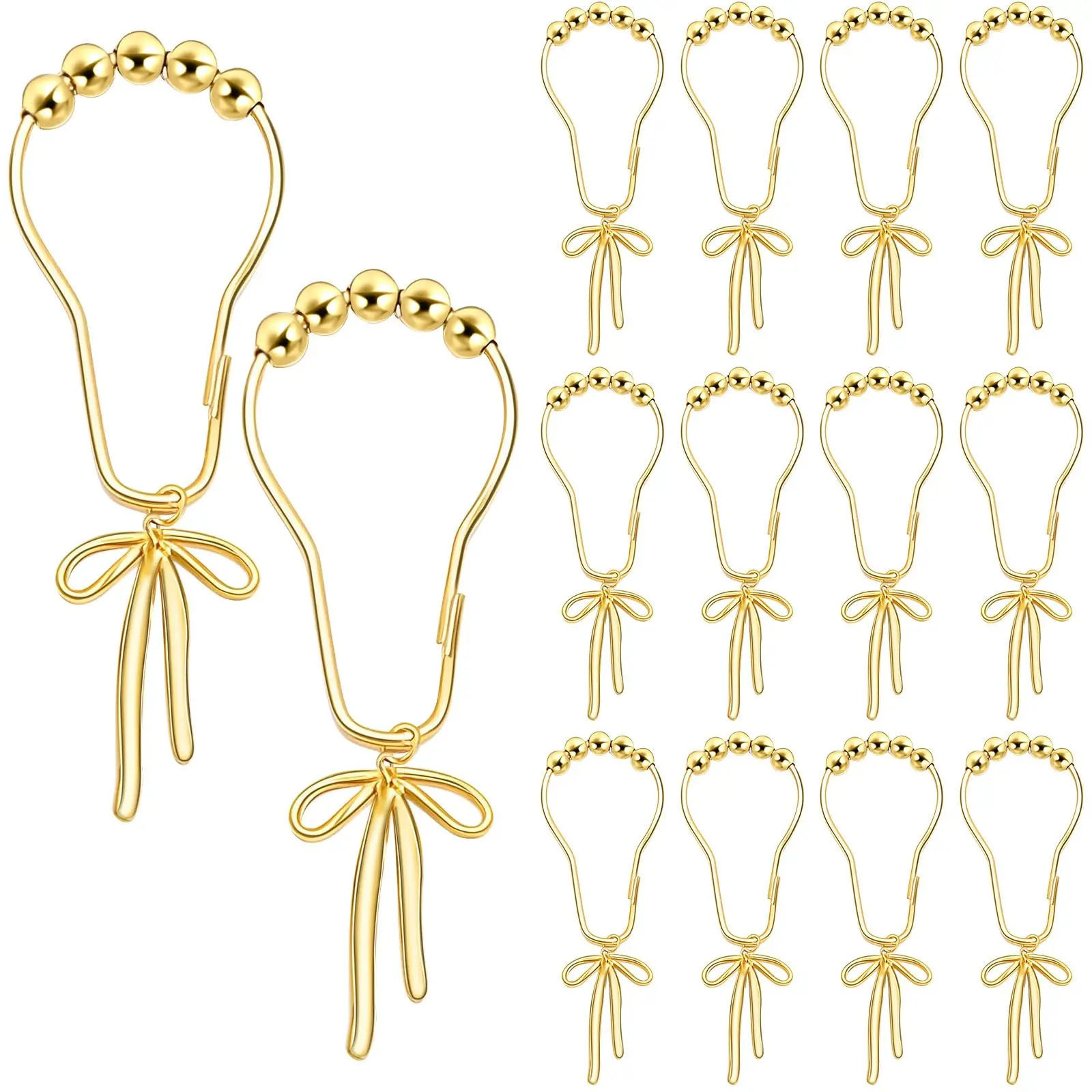12 Pcs Gold Bow Knot Shower Curtain Hooks Rustproof Metal Decorative Bow Knot Shower Hangers Bulk Glide Curtain Rings for Bathroom Bedroom Living Room Decor