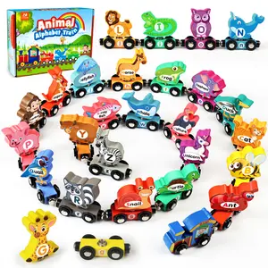 Vanmor Wooden Train Set, Snap-Connection Animal Trains, STEM Take Apart Animal Play Set, Toddler Matching and Magnetic Alphabet Train Learning Toys for Kids Ages 3-5