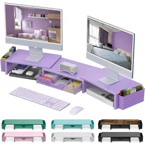 Dual  Stand Riser, Desk Organizer With Drawer and 2 Pen Holders, Desk Organizers and Accessories, Purple Office Decor (Purple)