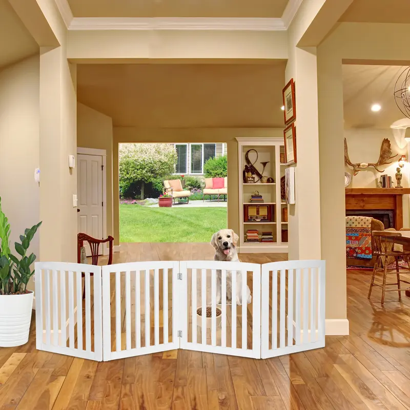 NOVA Durable 4-Panel Folding Portable Dog Gate - 82" W x 0.7" D x 24" H, 20lb Lightweight, No Assembly Required, MDF + Metal for Strength, 8 ft Pads, Rubber Pads for Hard Floors, Stable Hinges, Stylish & Functional, White, Bedrooms