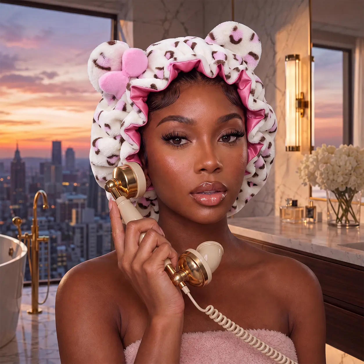 32-Inch Cute Leopard Print Plush Sleep Cap with Bear Ears and Bow, Women's Ruffled Satin-Lined Night Cap for Anti-Frizz Hair Protection, Soft Stretchy Headwear for Curly Hair During Sleep, Beauty Routines, and Daily Wear