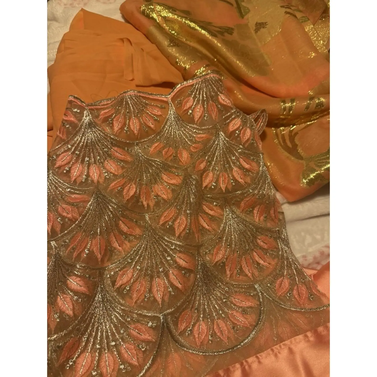 Faransawi Dirac Full Set - Orange with Gold Leaf Design, Includes Top, Bottom, and Saree