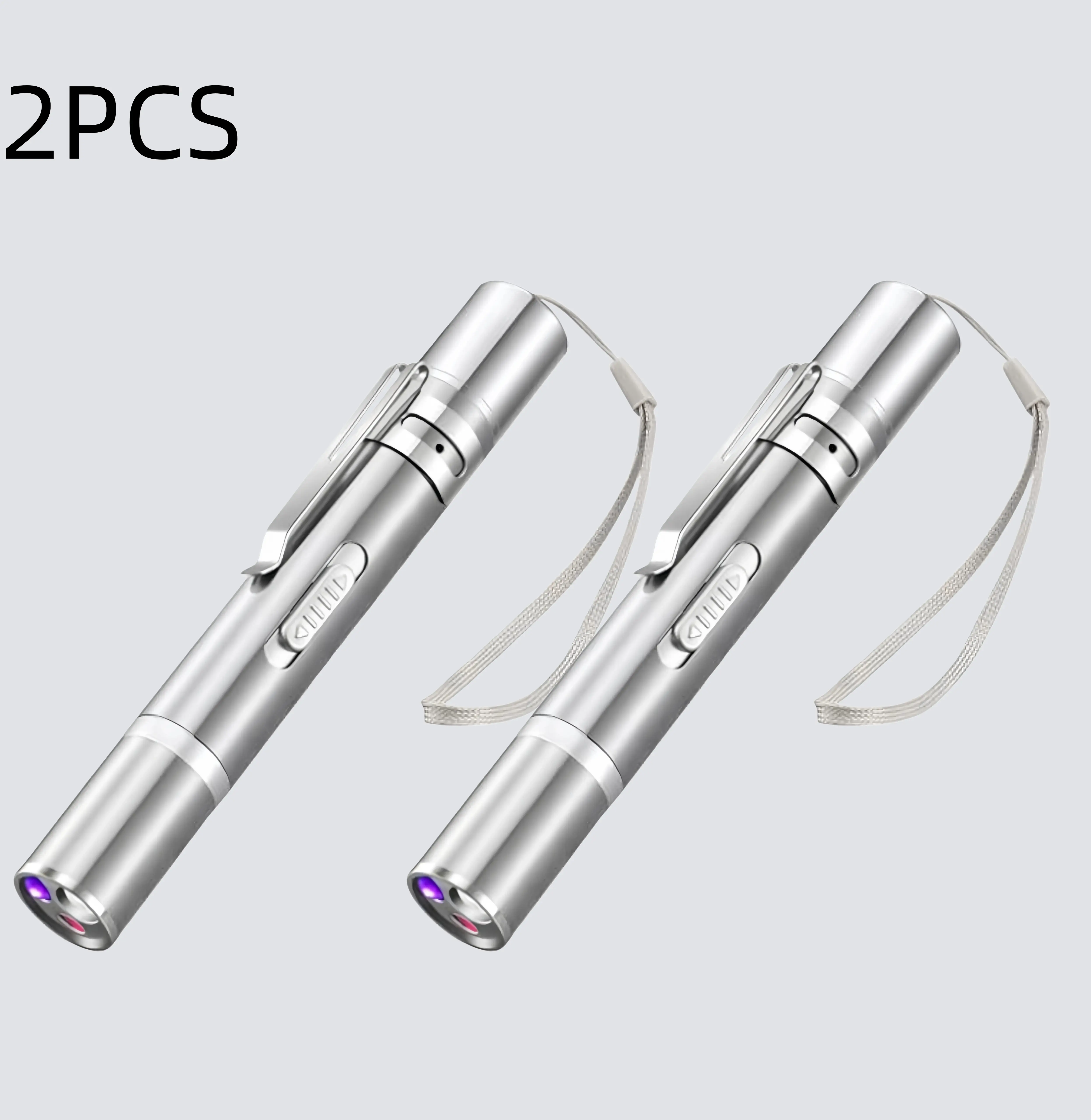 2-Pieces Unisex Compact Metallic Finish 3-in-1 Multi-Functional LED Pen Light - UV Light, USB Rechargeable Pointer, Practical Party Gift for Home & Office Use