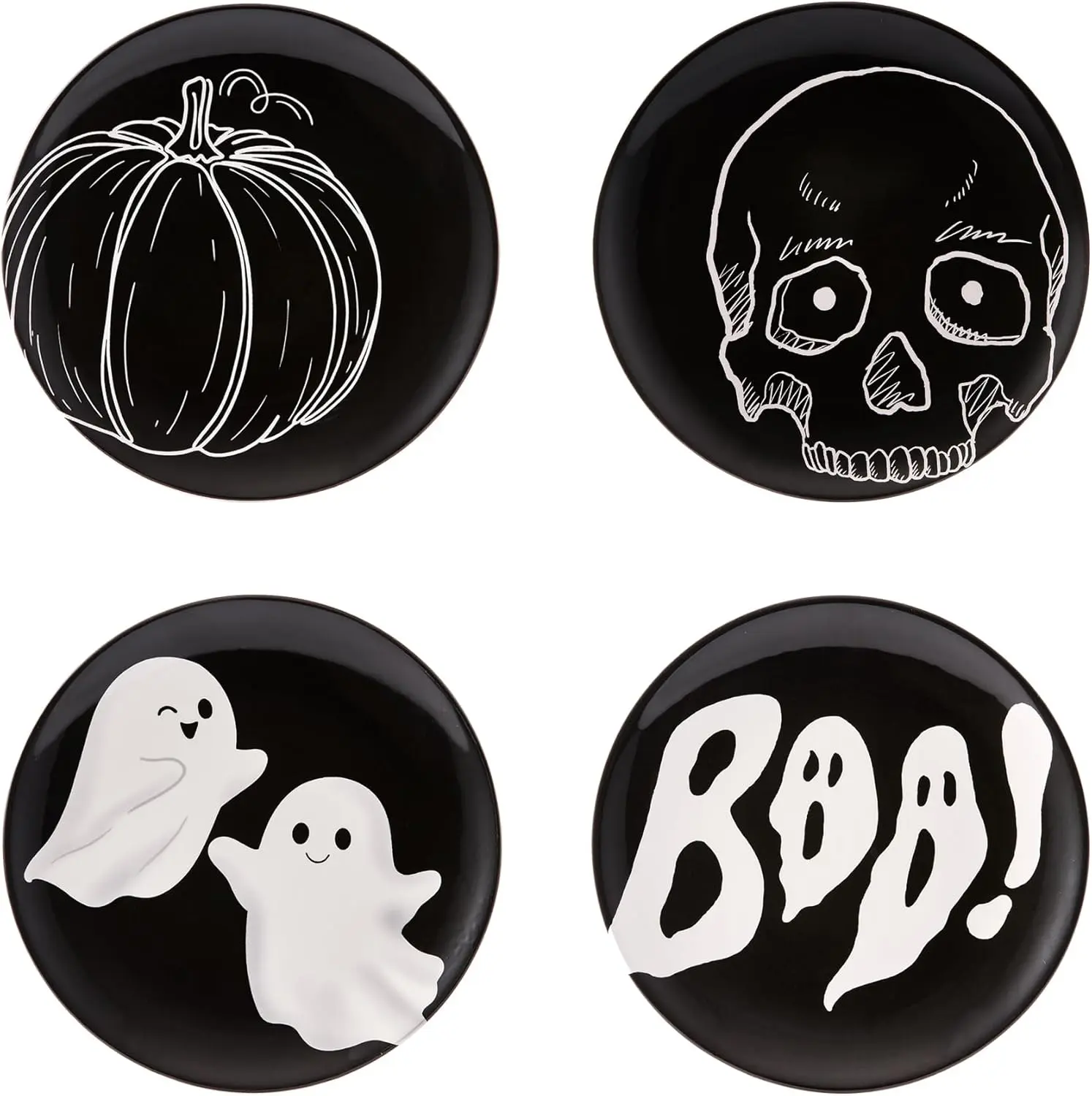 Black Halloween Cute Ceramic 8.75 inch Salad Plates, Set of 4, Microwave & Dishwasher Safe, for Tapas, Appetizer