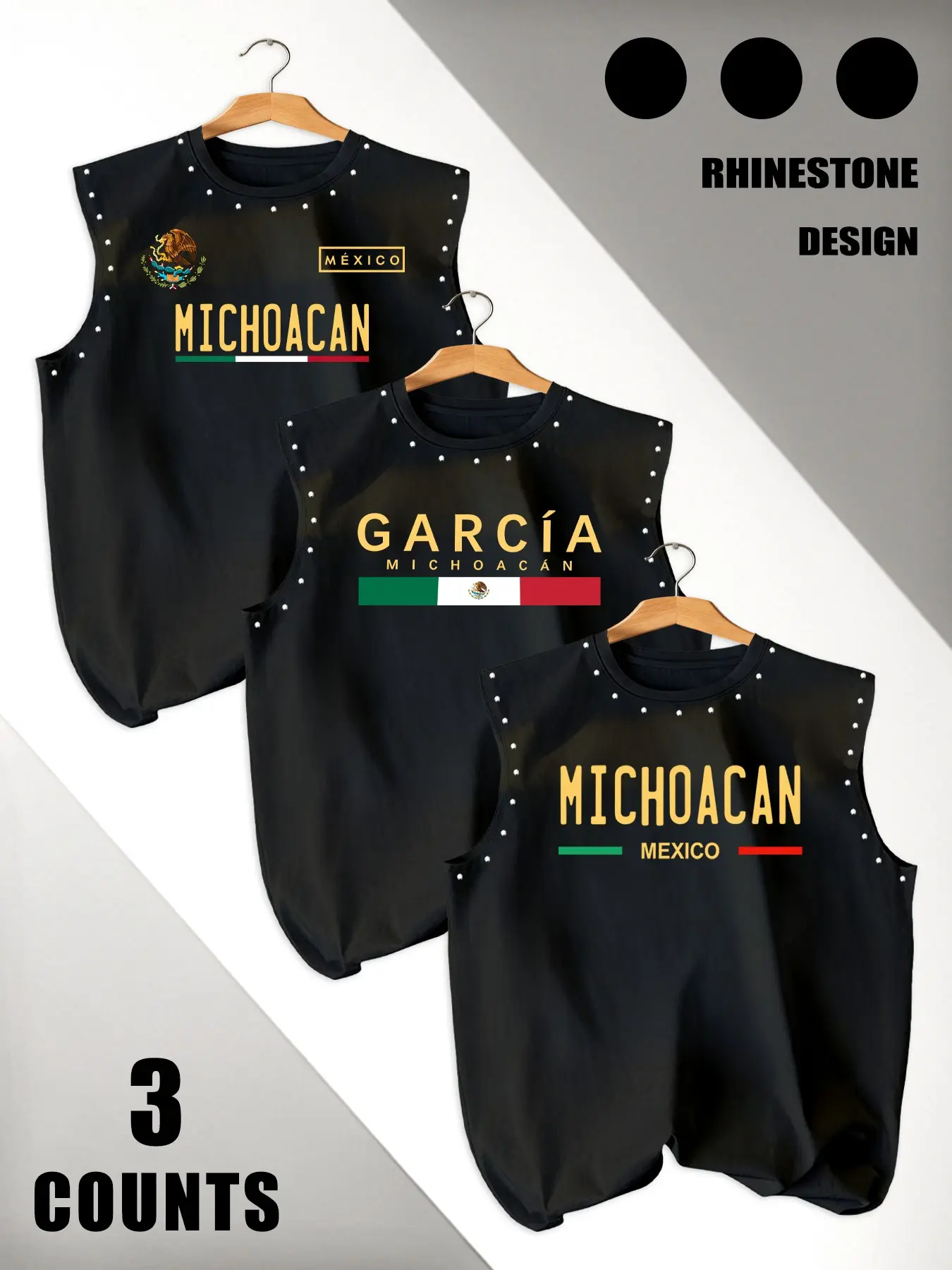 American Vintage Michoacan Print Sleeveless T-Shirt Set, 3-Piece Round Neck Rhinestone Design, Casual Streetwear, Sporty Fitness Wear