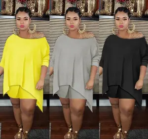 S-5XL  - It's Hot Outside - Plus Size Solid Color Shoulder Top And Shorts 2-Piece Set