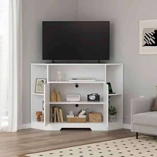 Mid-Century Modern 55" Corner TV Stand w/ Power Outlet, Barn Door Storage.