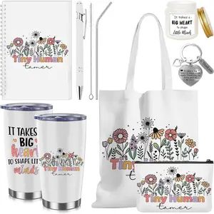 Daycare Teacher Appreciation Gifts Set 7 Pcs Tiny Humans Tamer Gifts Includes 20oz Tumbler, Canvas Bag Cosmetic Bag Notebook Pen Scented Oil and Keychain for Daycare Teachers