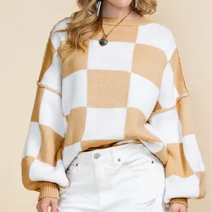 Shewin Women's  Chic Oversized Crew Neck Long Sleeve Checkerboard Knit Casual Tops, Polyester Loose-Fit Style DealsForYouDays