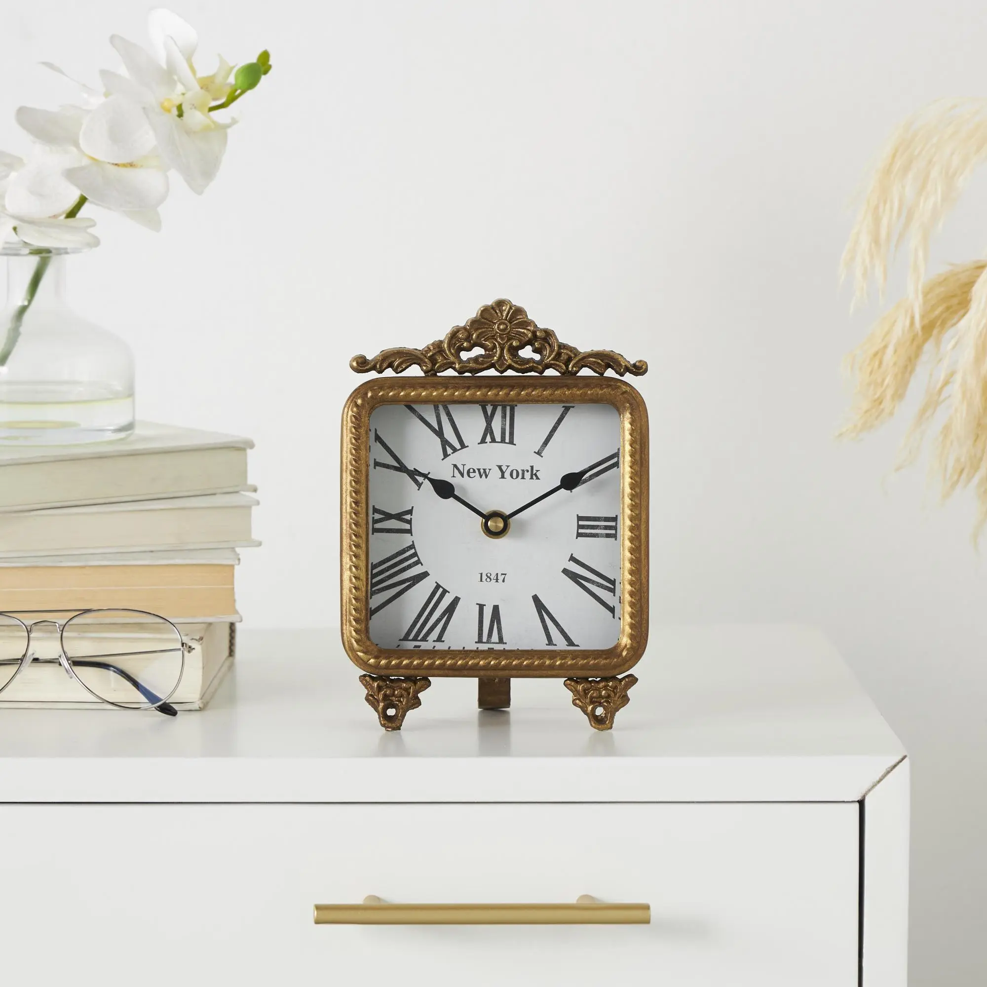 Antique Style Scroll Gold Metal Clock - Iron, MDF Construction, Square Face Home Decor, Clocks for Living Room, Ideal Gift for Room Decoration, Silent Mechanism