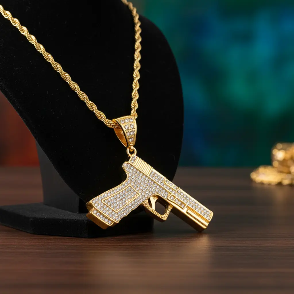 MaxBling81 Men's Hip-Hop Pendant Necklace, Square Shaped Handgun Design in Polished 14kt Gold Plating with CZ Stones, 30" Rope Chain, Square Shaped Pendant, Casual, Daily, 35X35mm, Unisex, Metal Coating, Gun-Shaped Pendant Necklaces