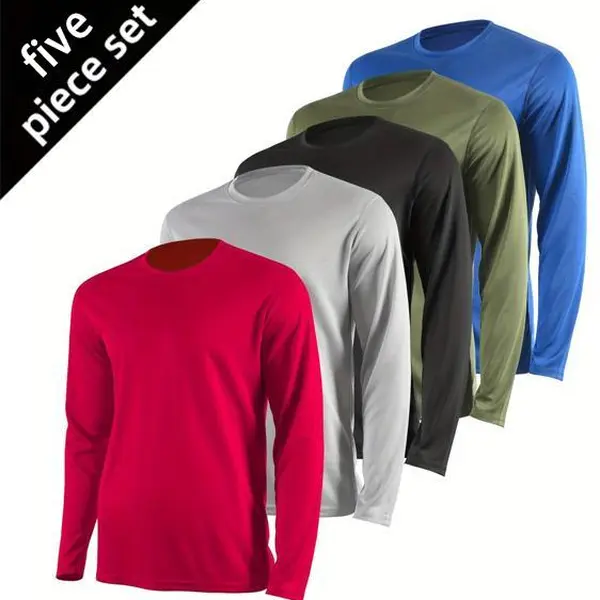 Men's 5-Pack Plain Crew Neck Long Sleeve Athletic Tops - Regular Fit, Quick Dry, Sweat-Wicking, Cooling, Breathable, UPF SPF Protective, Machine Washable Mixed Color 5 Pcs Workout Set for Gym, Outdoor Training